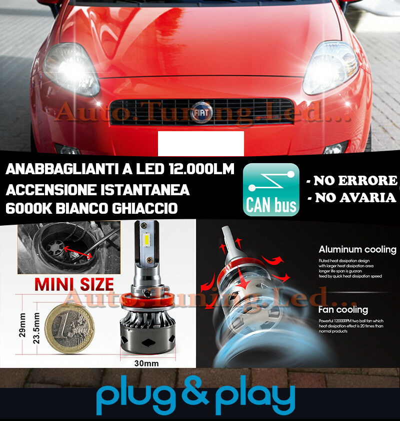 LAMPADE ANABBAGLIANTI ABBAGLIANTI LED FIAT GRANDE PUNTO EVO NO AVARIA 12.000LM