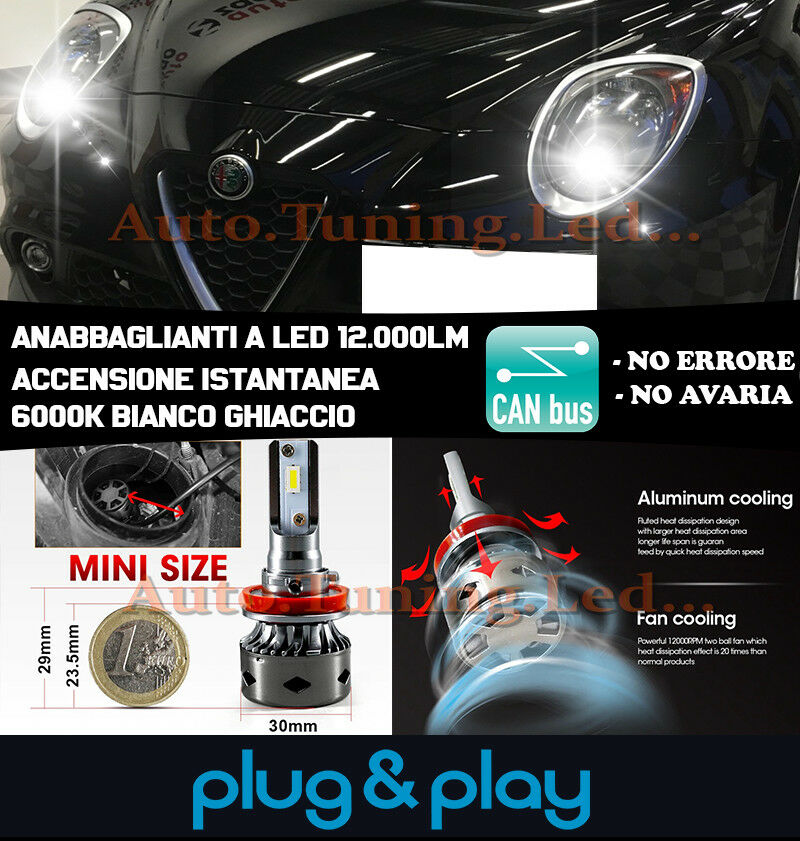 LAMPADE ANABBAGLIANTI LED ALFA ROMEO MITO 2008+ ISTANTANEO NO AVARIA 12.000LM