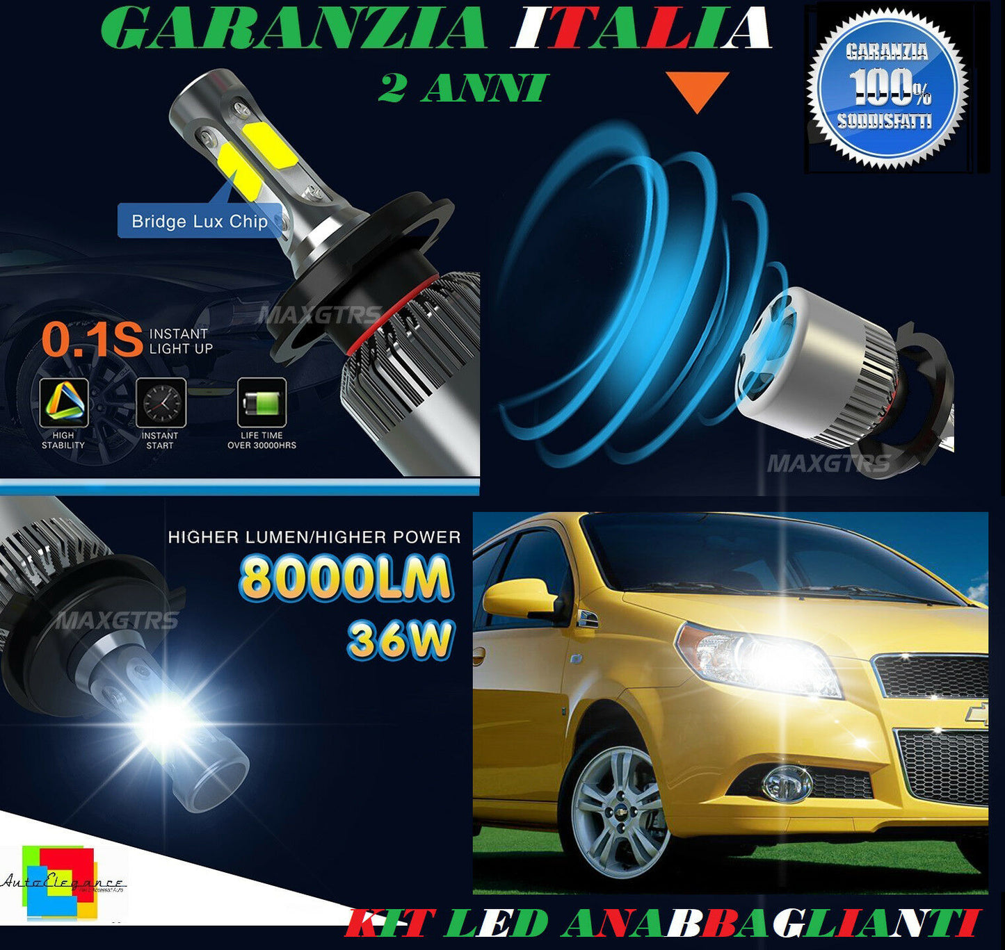 LAMPADE ANABBAGLIANTI ABBAGLIANTI 36W 8000LM LED CHEVROLET AVEO 2005-2011 6000K