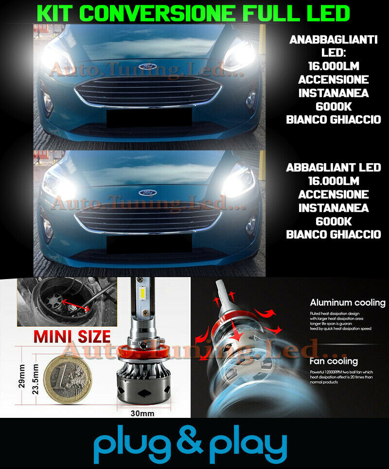 LAMPADE ANABBAGLIANTI + ABBAGLIANTI LED 16.000LM PER FORD FIESTA MK7 NO AVARIA