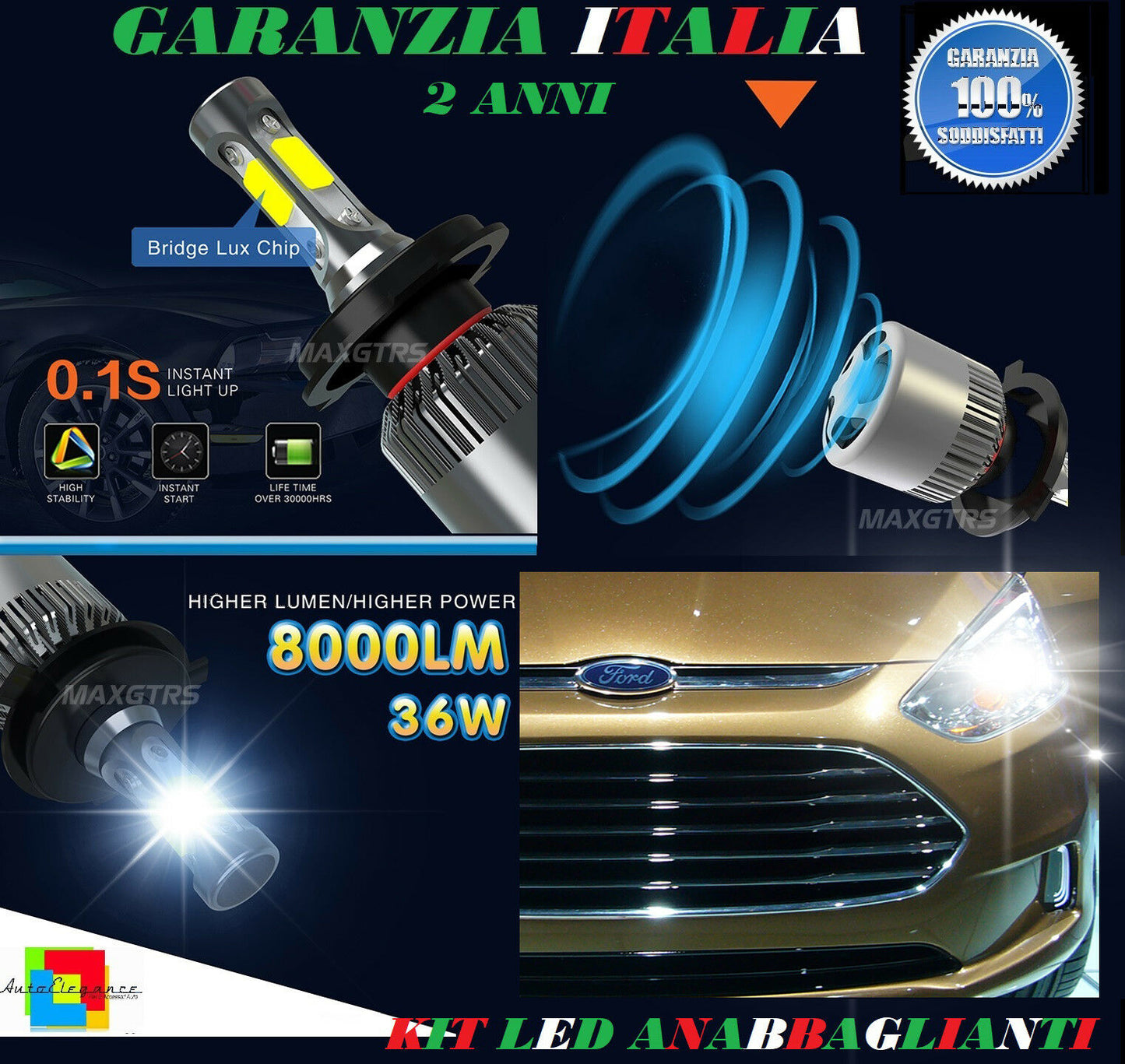 LAMPADE ANABBAGLIANTI 36W LED FORD B-MAX 2012 IN POI ISTANTANEO 6000K