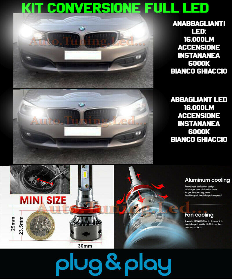 BMW SERIE 3 F34 GT KIT LED LAMPADE ABBAGLIANTI H7 + ANABBAGLIANTI 16.000 AUTOELEGANCERICAMBI