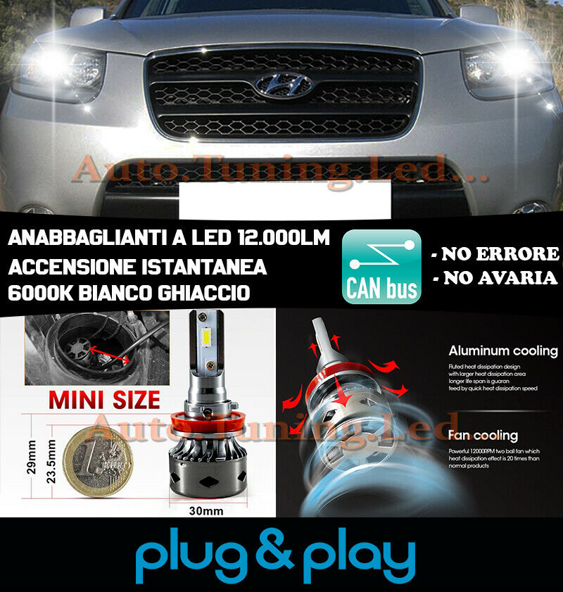 LAMPADE ANABBAGLIANTI LED HYUNDAI SANTA FE II ISTANTANEO NO AVARIA 12.000LM