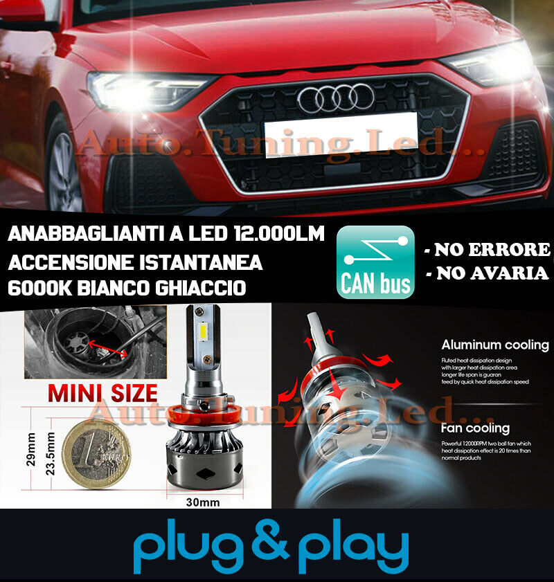 LAMPADE ANABBAGLIANTI LED AUDI A1 GB 2018 ISTANTANEO NO AVARIA 12.000LM