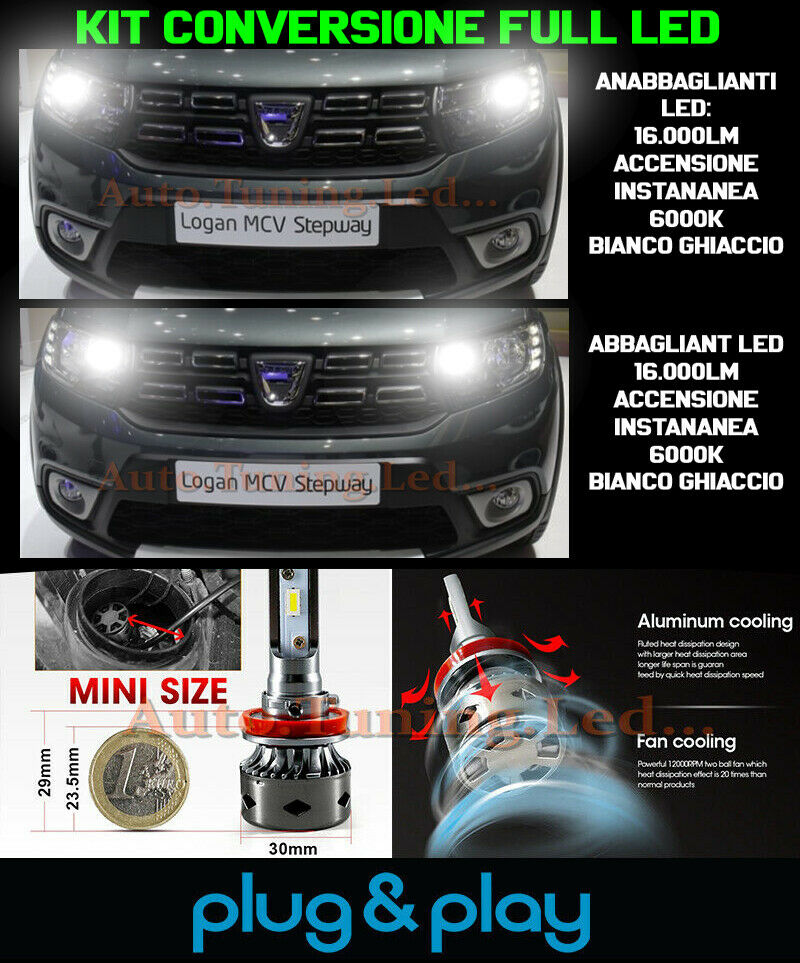 LAMPADE ANABBAGLIANTI + ABBAGLIANTI LED 16.000LM PER DACIA LOGAN MK2