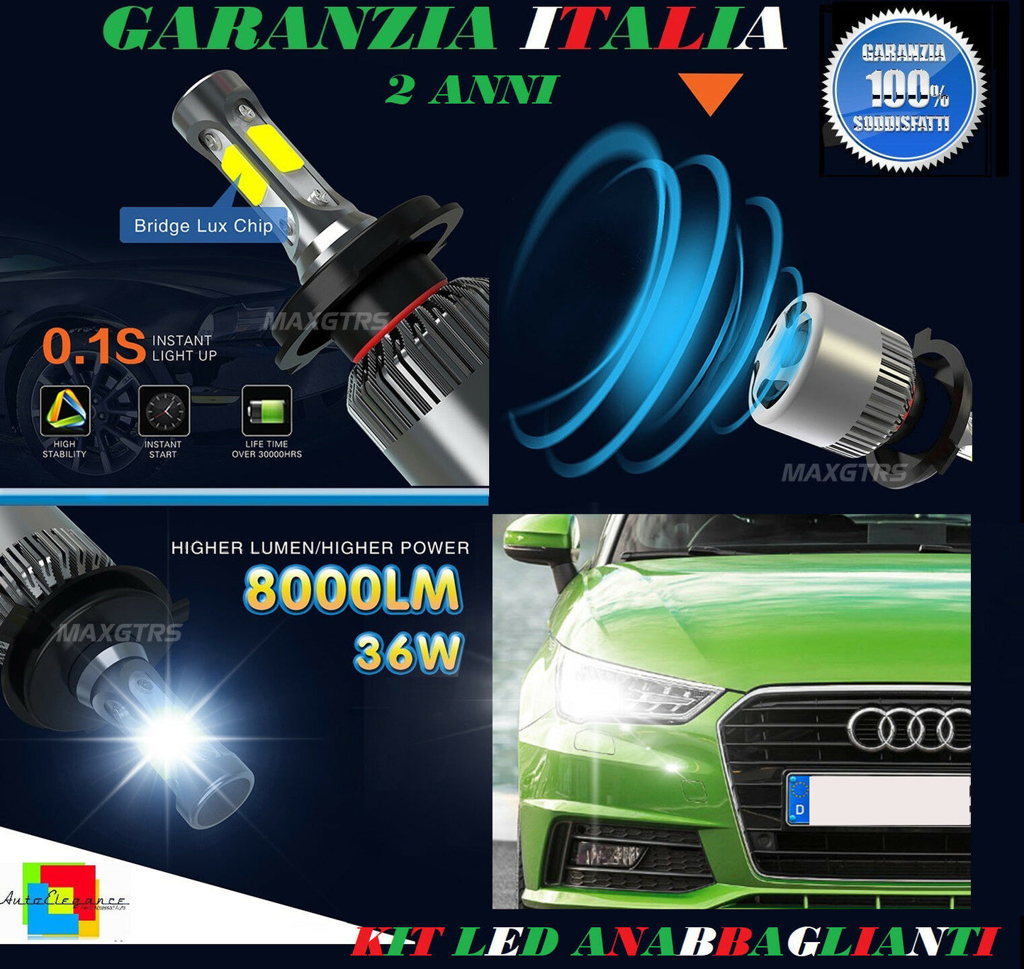 LAMPADE ANABBAGLIANTI 36W LED AUDI A1 2010 IN POI LAMPEGGIO ISTANTANEO 6000K