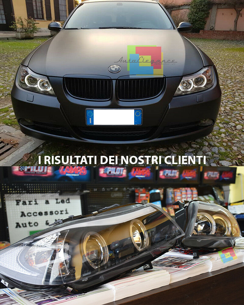 BMW SERIE 3 E90 E91 2005-2011 FARI ANTERIORI ANGEL EYES NEON BIANCHI FANALI NERI AUTOELEGANCERICAMBI