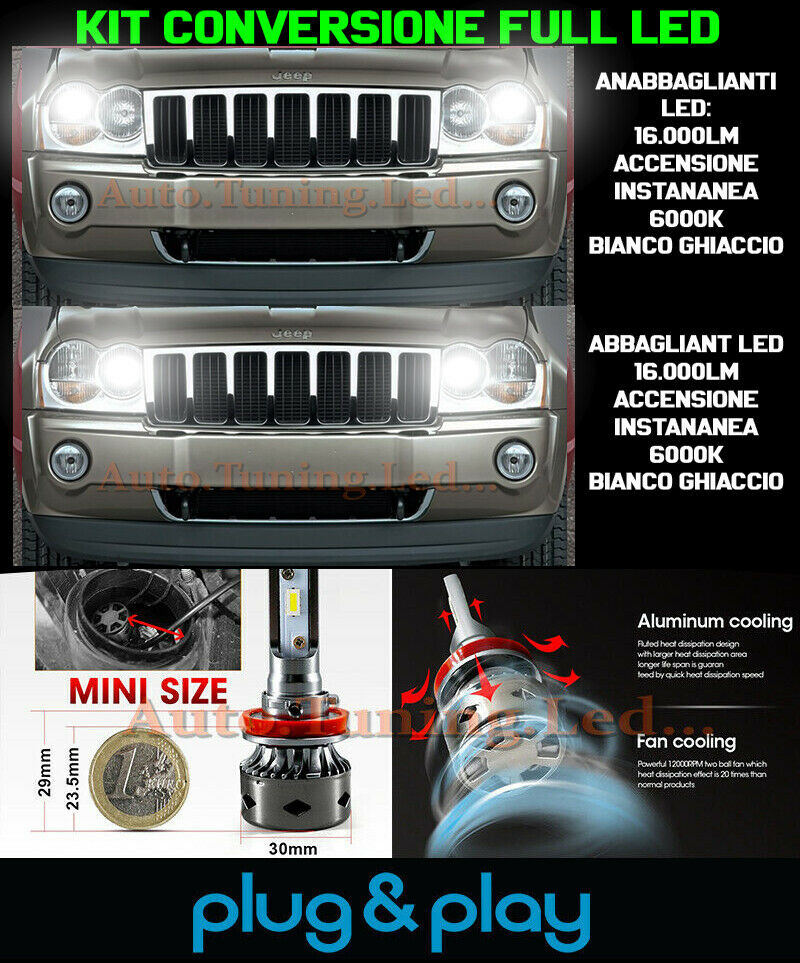 LAMPADE ANABBAGLIANTI + ABBAGLIANTI LED 16.000LM PER JEEP GRAND CHEROKEE III