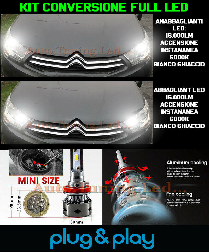 LAMPADE ANABBAGLIANTI + ABBAGLIANTI LED 16.000LM PER CITROEN C4 II MK2