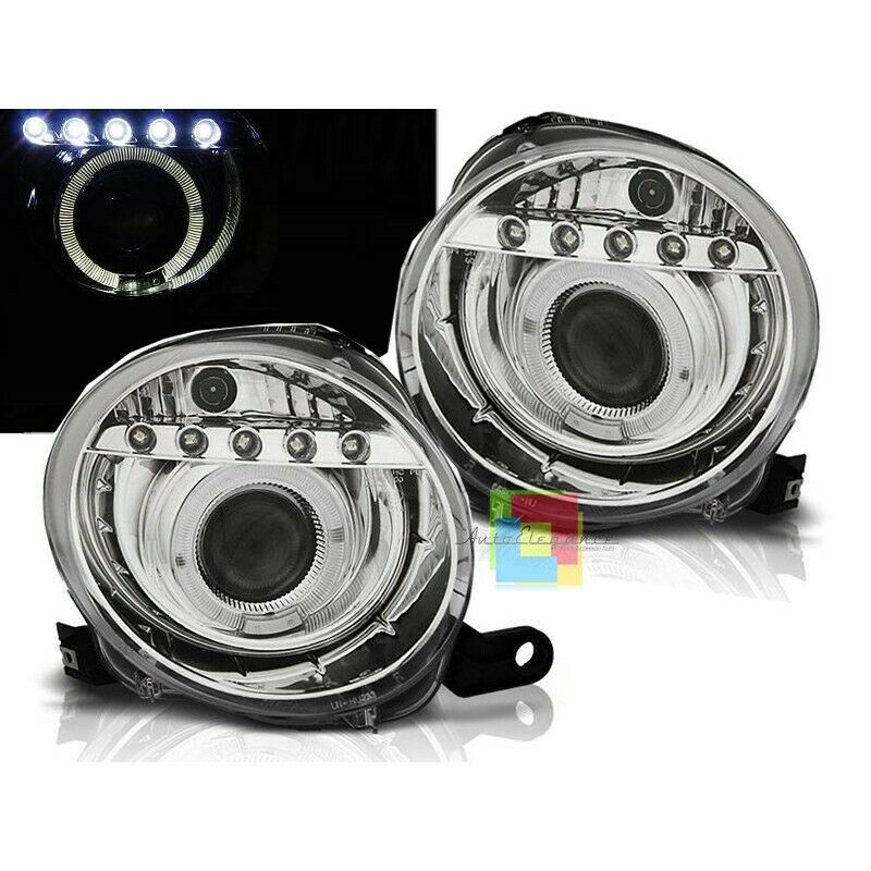 FARI ANTERIORI CROMATI LENTICOLARI H1 PER FIAT 500 DAL 2007+ ANGEL EYES LED