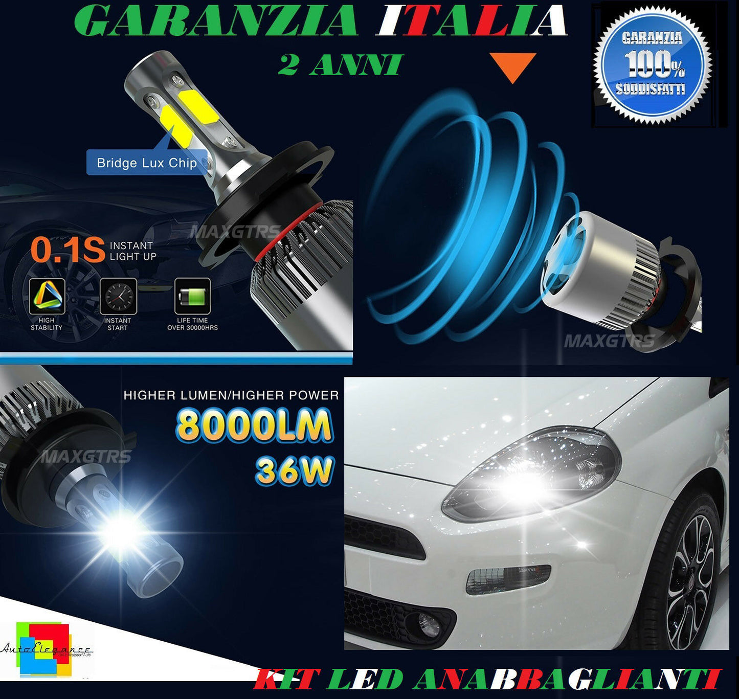 LAMPADE ANABBAGLIANTI ABBAGLIANTI 36W 8000LM LED FIAT PUNTO 199 2012+ 6000K