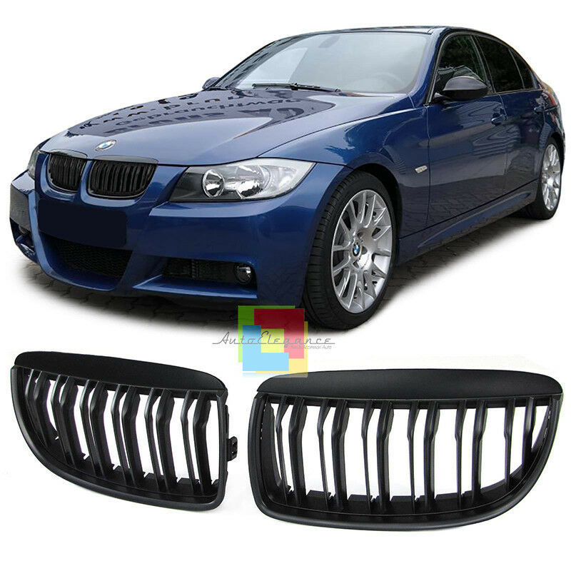 GRIGLIA ANTERIORE PER BMW SERIE 3 E90 E91 2005-2008 DOPPIA LAMA LOOK NERO