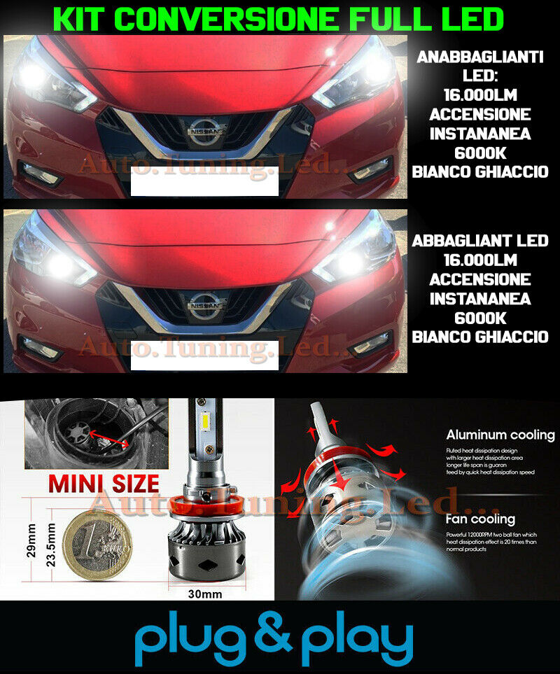 LAMPADE ANABBAGLIANTI + ABBAGLIANTI LED 16.000LM PER NISSAN MICRA MK5 V