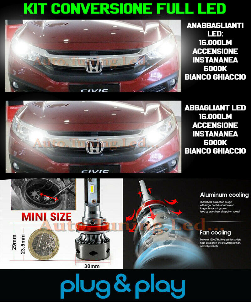 LAMPADE ANABBAGLIANTI + ABBAGLIANTI LED 16.000LM PER HONDA CIVIC X 10 NO AVARIA