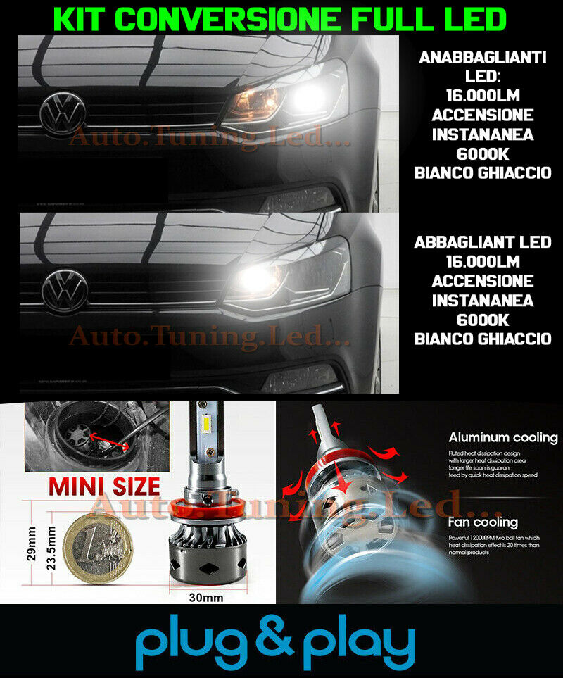 LAMPADE ANABBAGLIANTI + ABBAGLIANTI LED 16.000LM PER VW POLO 6C 2014+