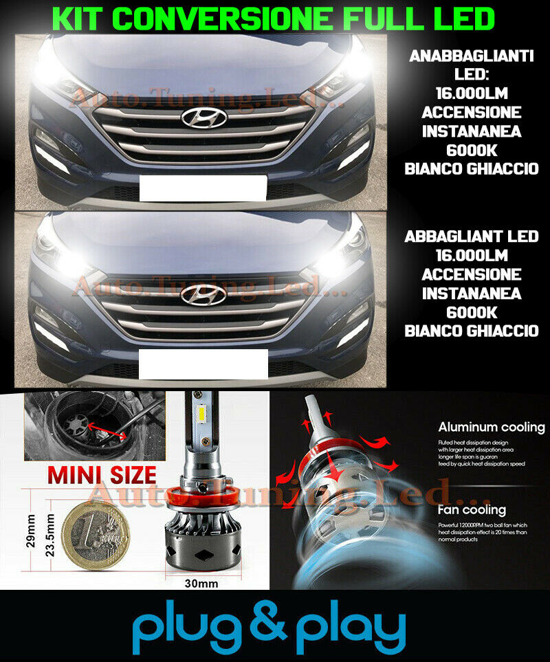 LAMPADE ANABBAGLIANTI + ABBAGLIANTI LED 16.000LM PER HYUNDAI TUCSON TL NO AVARIA