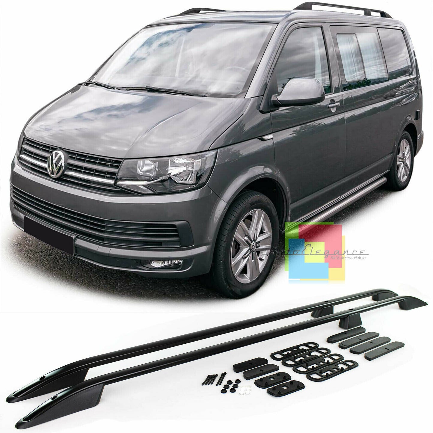 VW T5 T6 BUS 2003+ BARRE SUL TETTO SATINATE MANCORRENTI NERI PORTAPACCHI .-