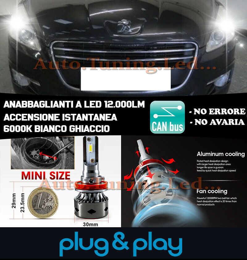 LAMPADE ANABBAGLIANTI LED PEUGEOT 508 ISTANTANEO NO AVARIA 12.000LM
