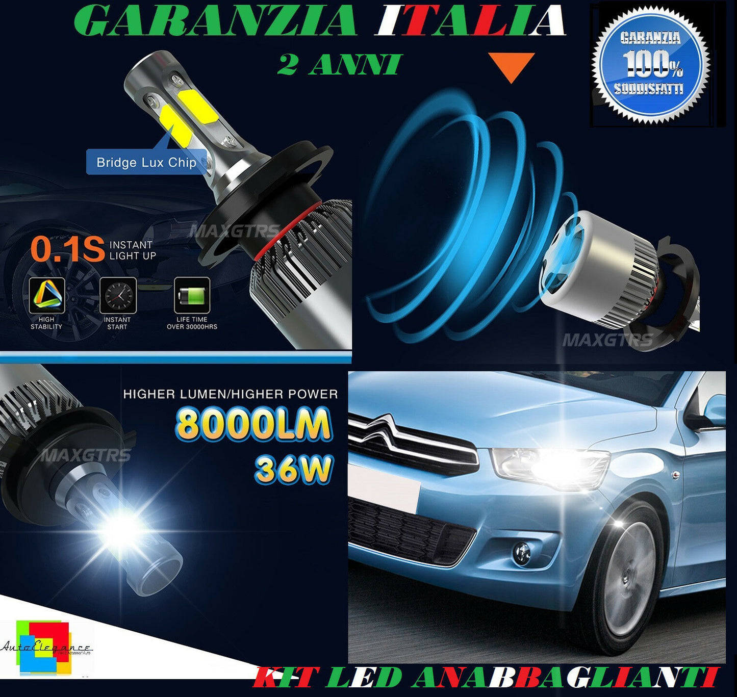 LAMPADE ANABBAGLIANTI 36W LED CITROEN C-ELYSEE 2012 IN POI ISTANTANEO 6000K