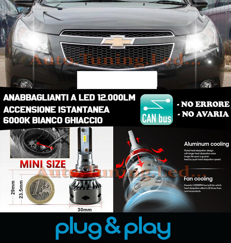 LAMPADE ANABBAGLIANTI LED CHEVROLET CRUZE ISTANTANEO NO AVARIA 12.000LM