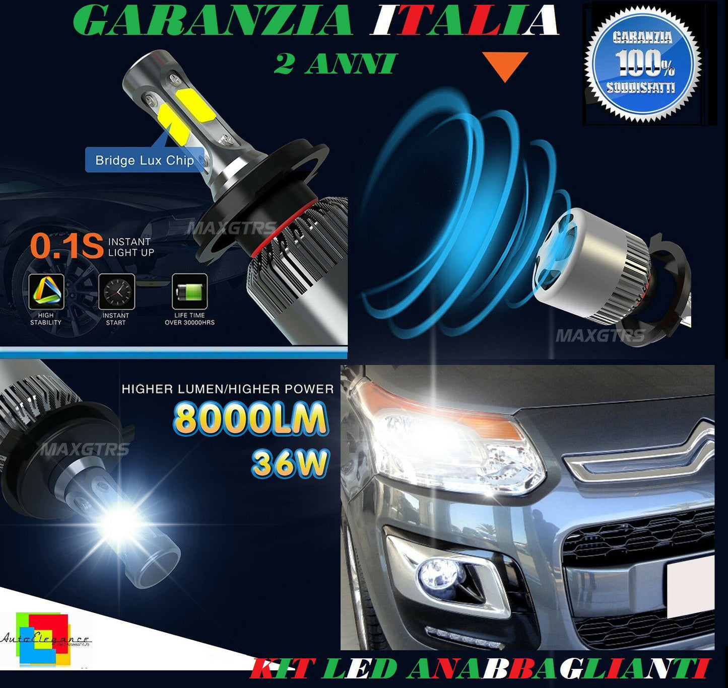 LAMPADE ANABBAGLIANTI 36W LED CITROEN C3 PICASSO 2009 IN POI ISTANTANEO 6000K