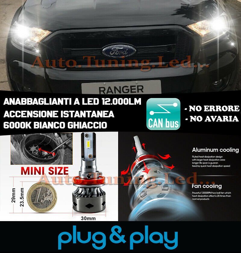 LAMPADE ANABBAGLIANTI LED FORD RANGER ISTANTANEO NO AVARIA 12.000LM