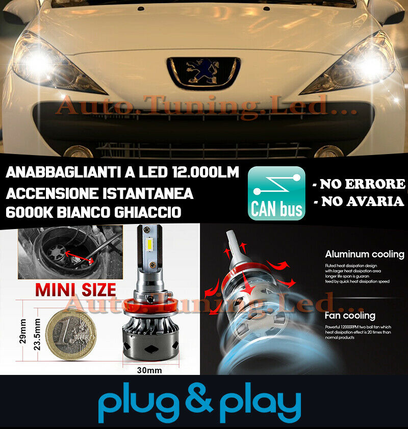 LAMPADE ANABBAGLIANTI LED PEUGEOT 207 ISTANTANEO NO AVARIA 12.000LM