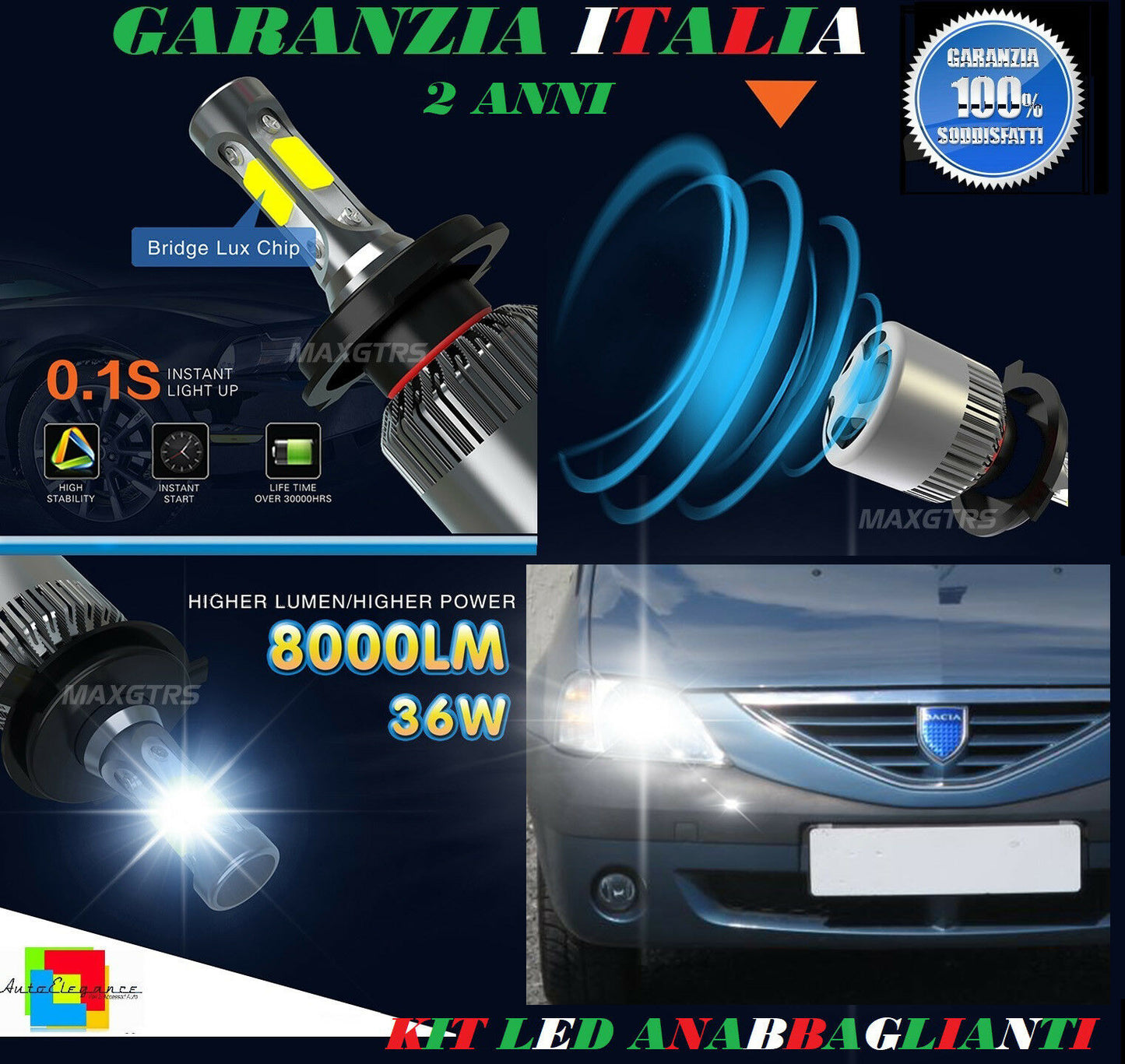 LAMPADE ANABBAGLIANTI ABBAGLIANTI 36W 8000LM LED DACIA LOGAN 2004-2011 6000K