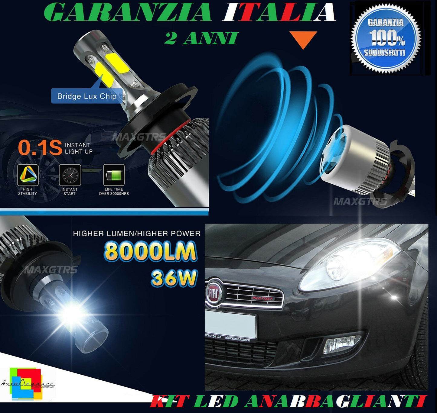 LAMPADE ANABBAGLIANTI 36W LED FIAT BRAVO 2006 IN POI ISTANTANEO 6000K