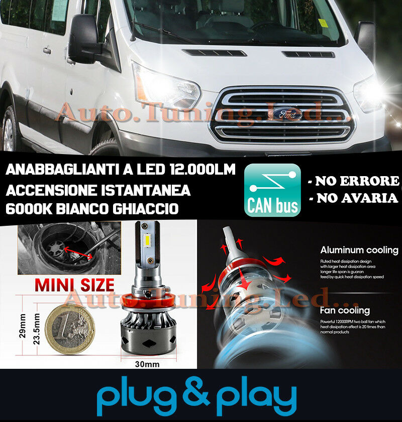 LAMPADE ANABBAGLIANTI LED FORD TRANSIT ISTANTANEO NO AVARIA 12.000LM