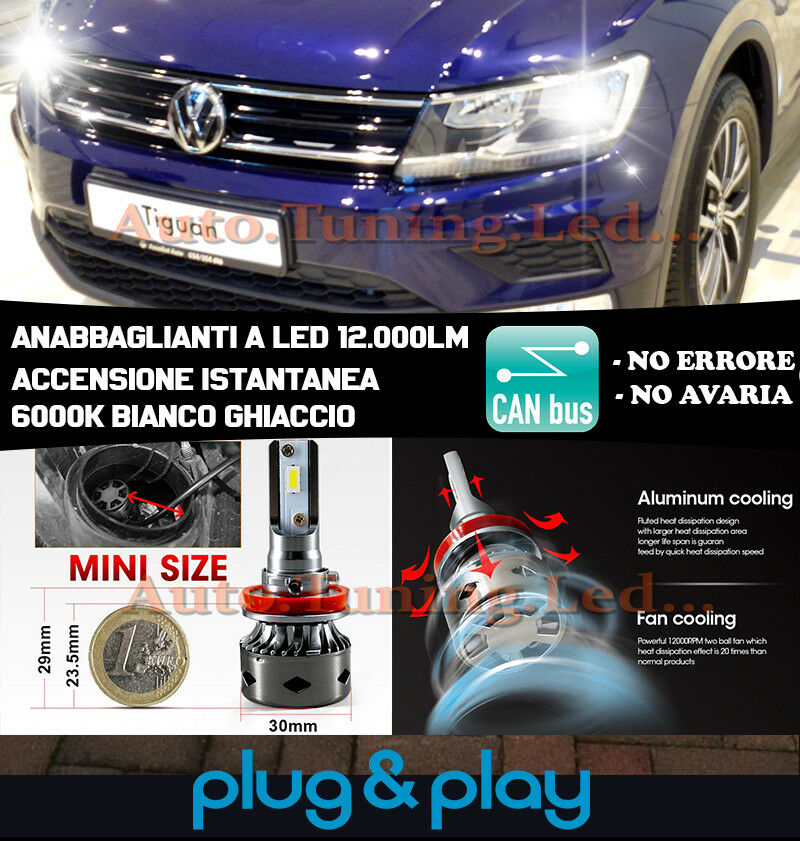 LAMPADE ANABBAGLIANTI LED VW TIGUAN II 2016+ ISTANTANEO NO AVARIA 12.000LM