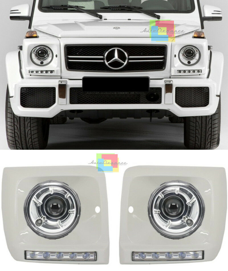 FARI ANTERIORI BIXENON CROMATI + COPRI FARI DIURNE LED MERCEDES G W463 1989-2012
