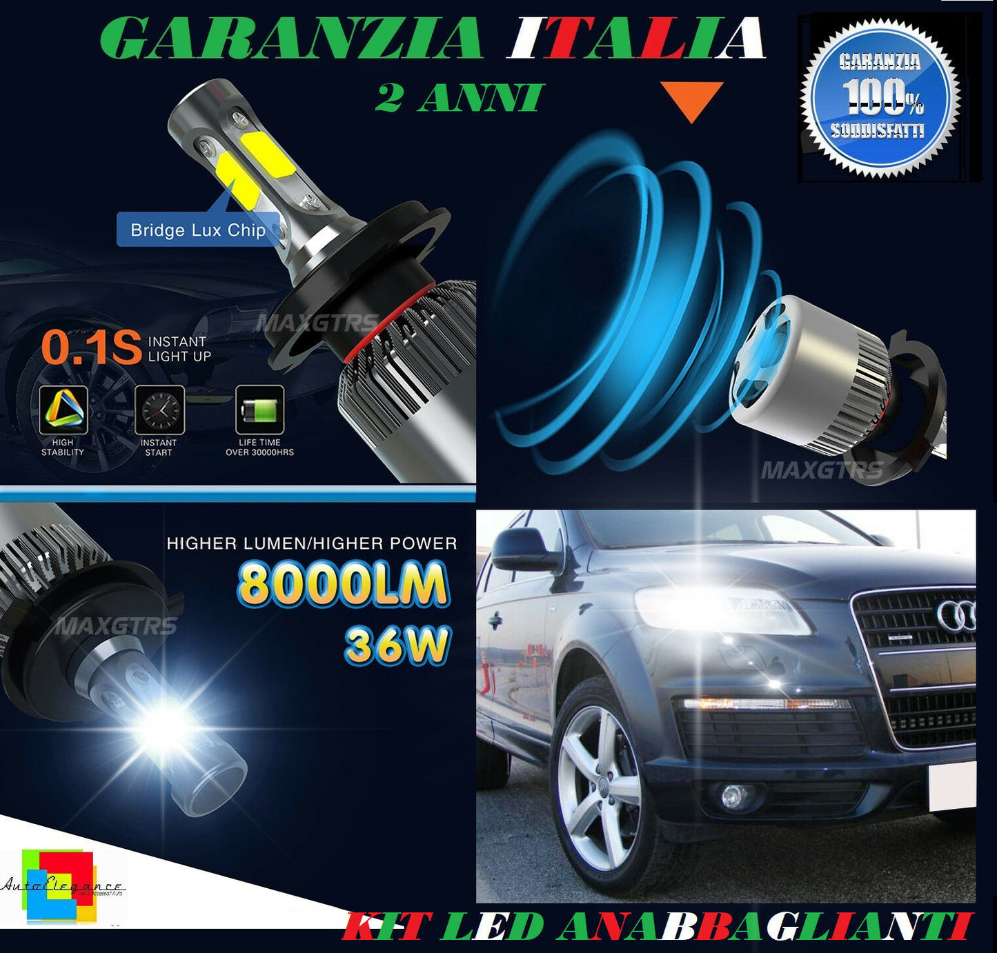 LAMPADE ANABBAGLIANTI 36W LED AUDI Q7 4L 2006 IN POI LAMPEGGIO ISTANTANEO 6000K