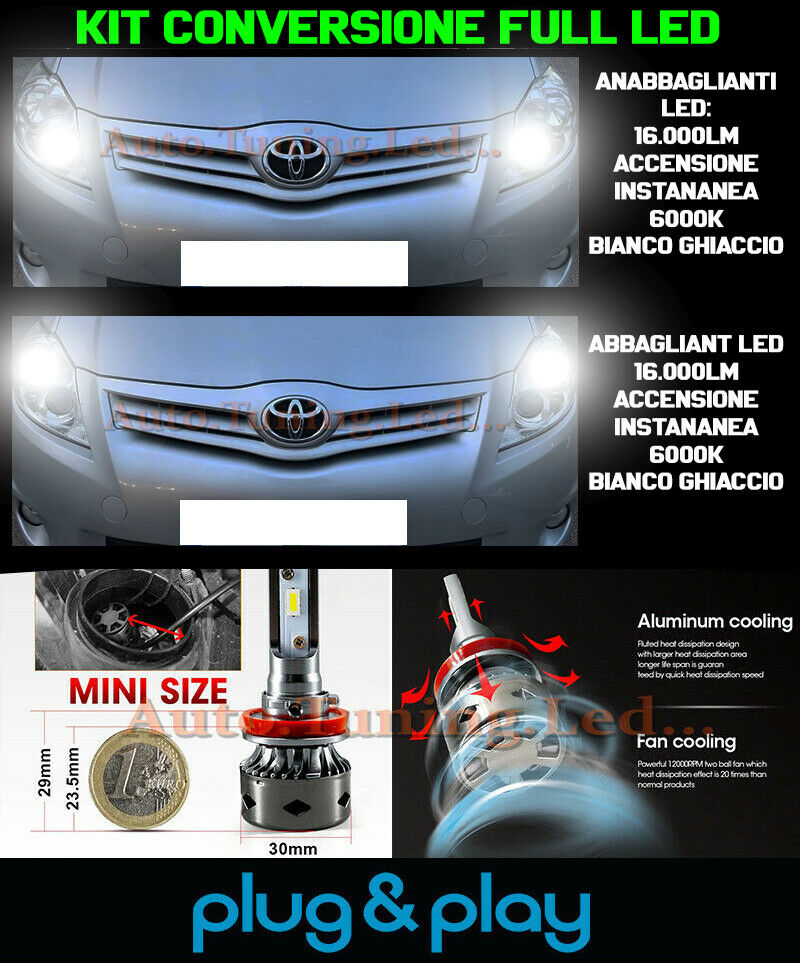 LAMPADE ANABBAGLIANTI + ABBAGLIANTI LED 16.000LM PER TOYOTA AURIS I