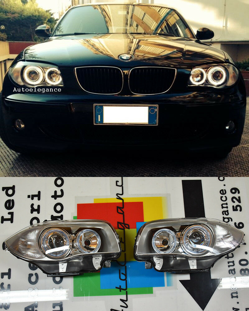 BMW E81 E82 E87 E88 2004-2011 FARI SATINATI CON ANELLI ANGEL EYES LED BIANCHI AUTOELEGANCERICAMBI