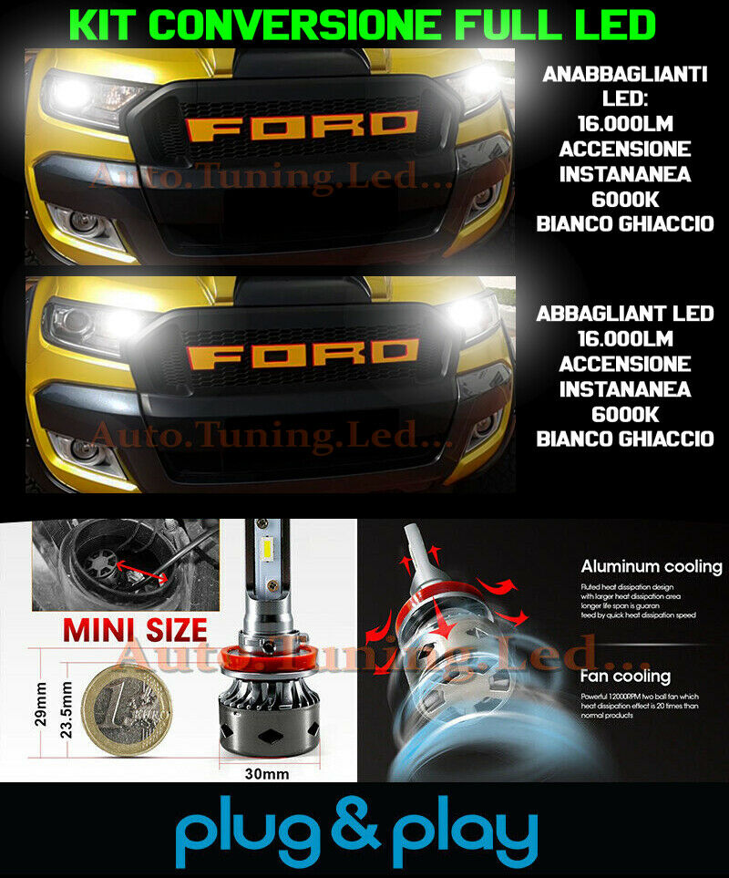 LAMPADE ANABBAGLIANTI + ABBAGLIANTI DIURNE FORD RANGER NO AVARIA 16.000LM