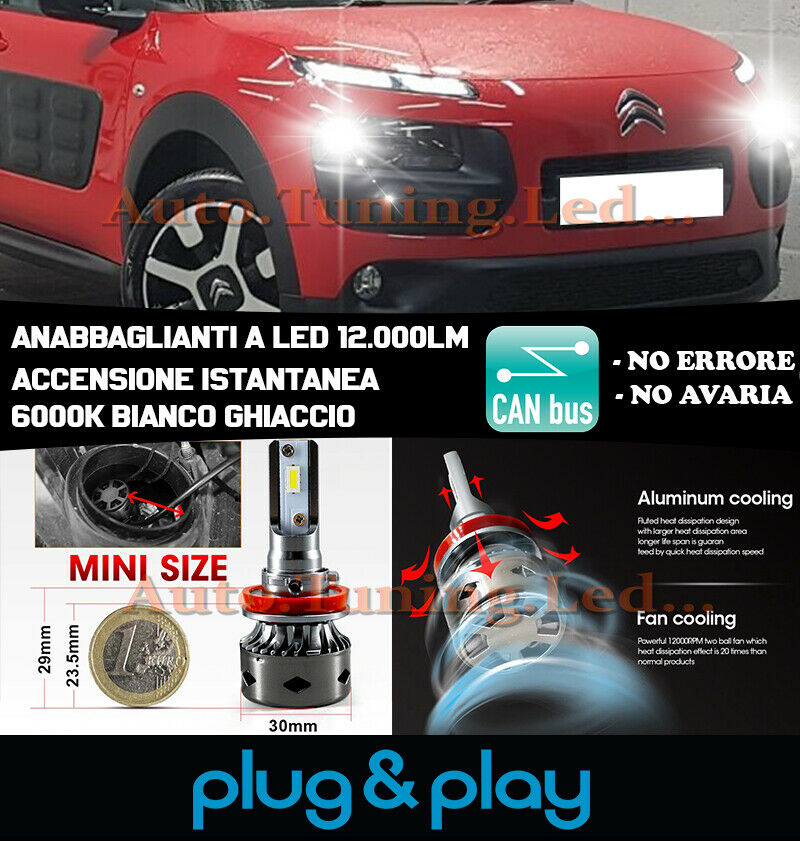 LAMPADE ANABBAGLIANTI LED CITROEN C4 CACTUS ISTANTANEO NO AVARIA 12.000LM
