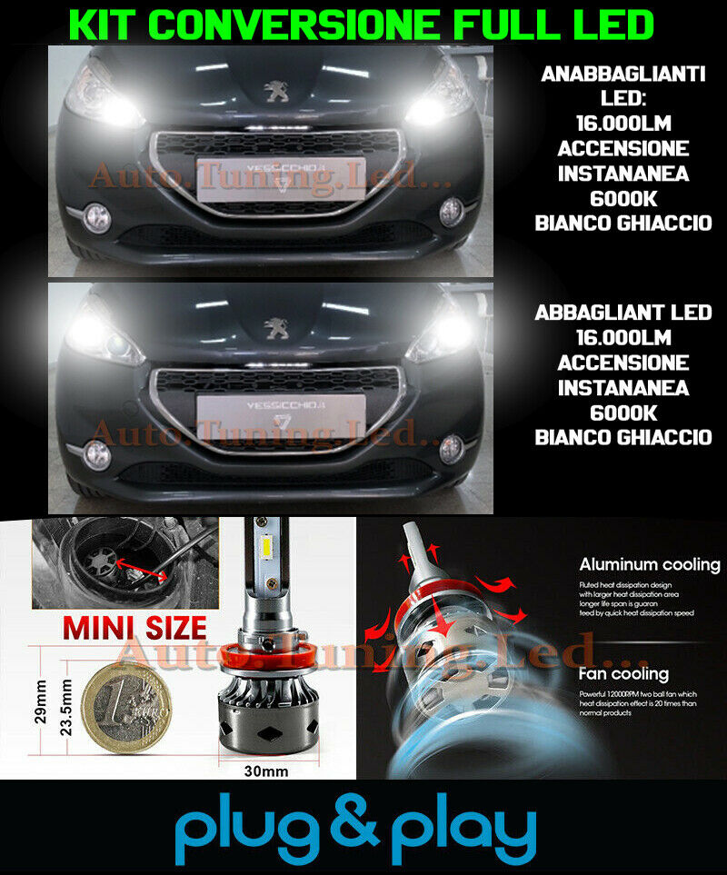 LOW BEAM + HIGH BEAM LED 16,000LM PEUGEOT 208