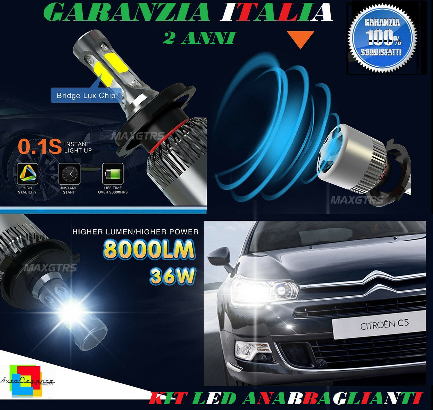 LAMPADE ANABBAGLIANTI 36W LED CITROEN C5 III 2008 IN POI ISTANTANEO 6000K