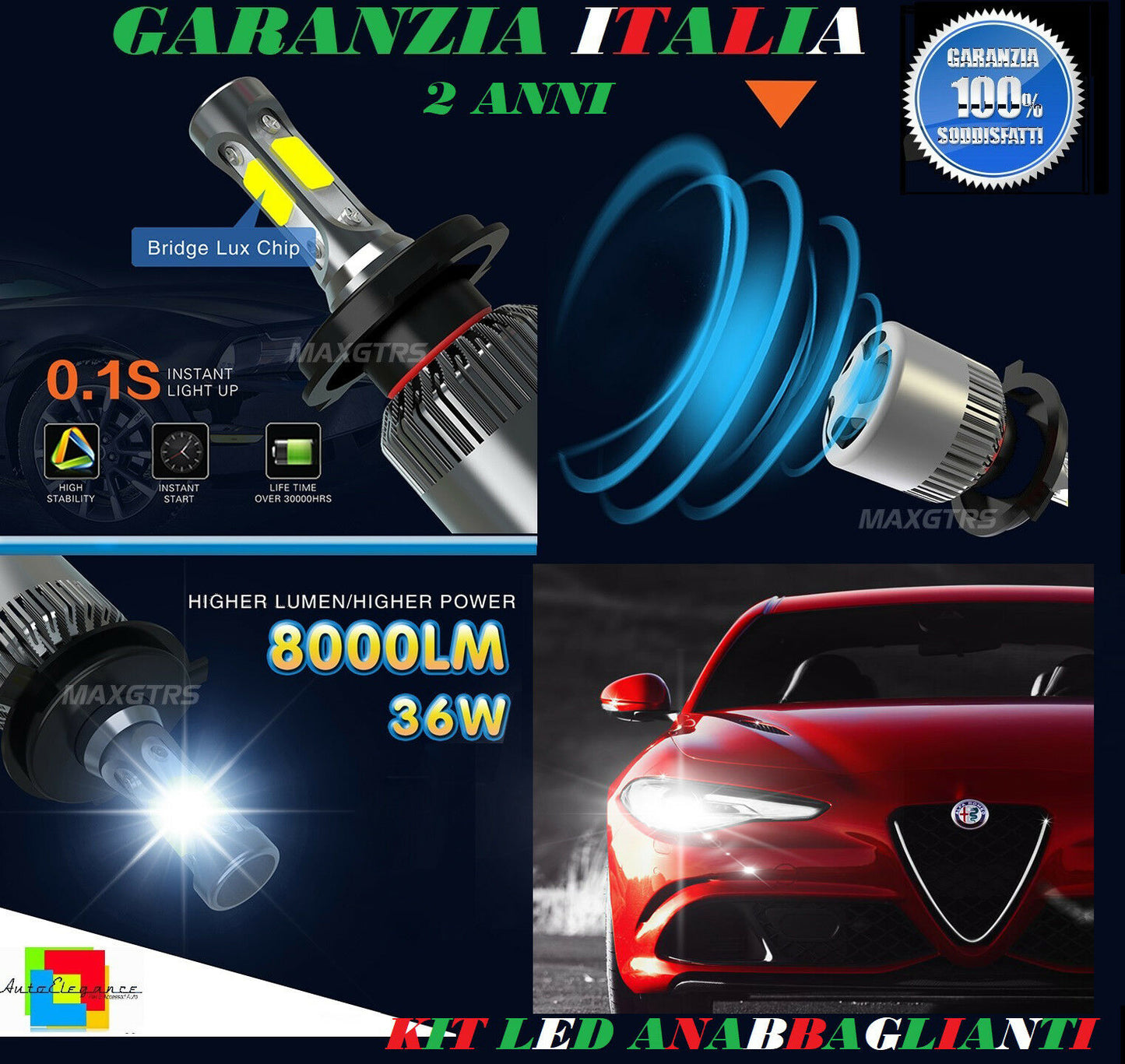 LAMPADE ANABBAGLIANTI 36W LED ALFA ROMEO GIULIA 2015+ LAMPEGGIO ISTANTANEO 6000K