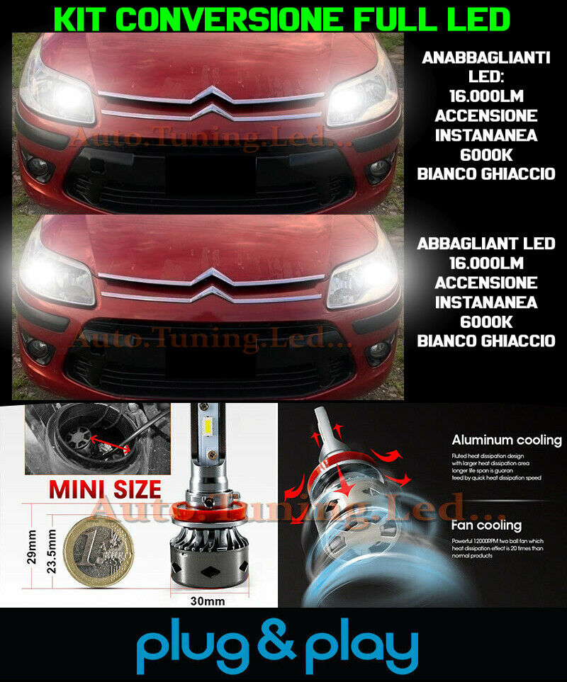 LAMPADE ANABBAGLIANTI + ABBAGLIANTI LED 16.000LM PER CITROEN C4 I MK1