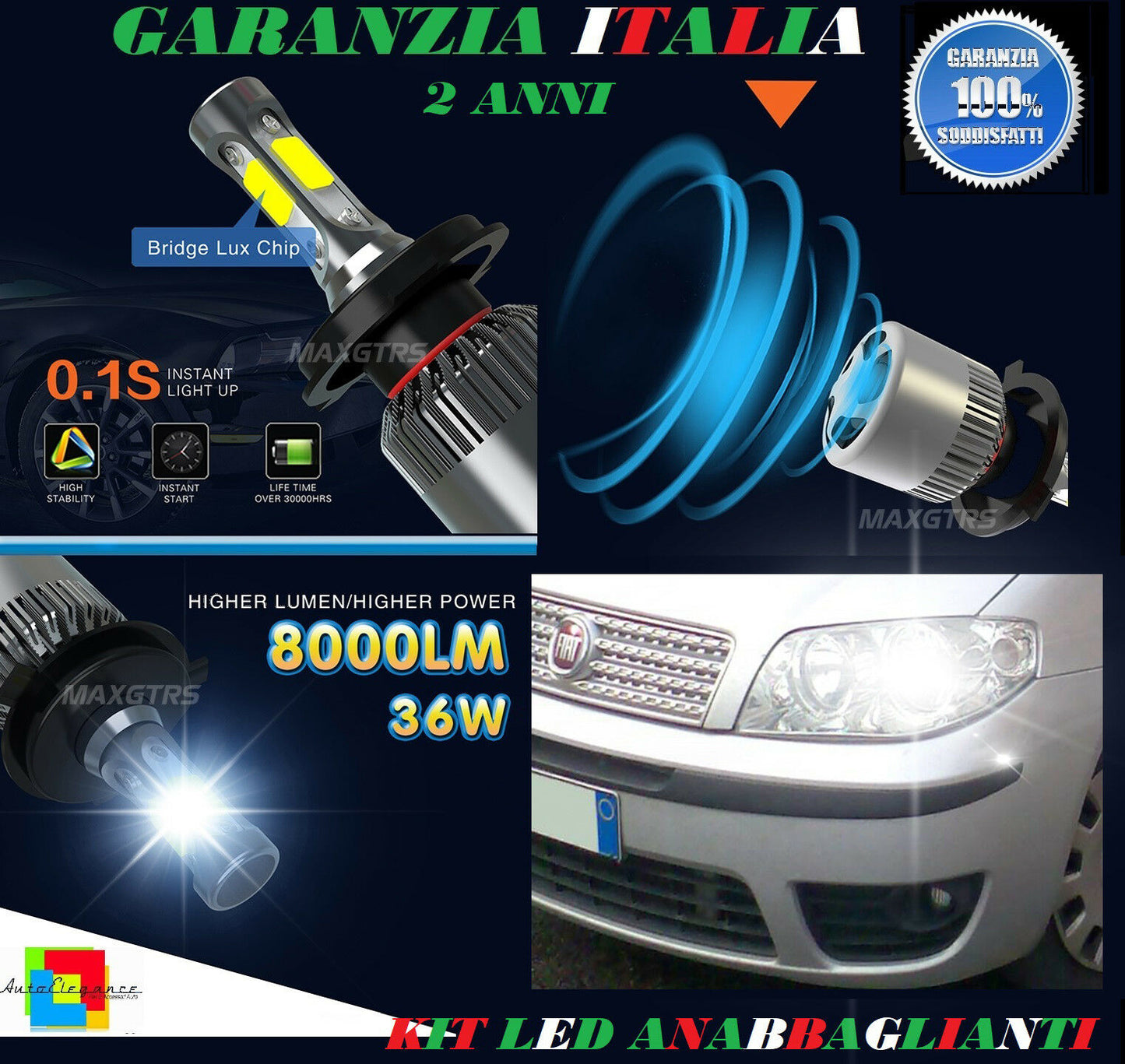 LAMPADE ANABBAGLIANTI 36W LED FIAT PUNTO 188 2000-2010 ISTANTANEO 6000K
