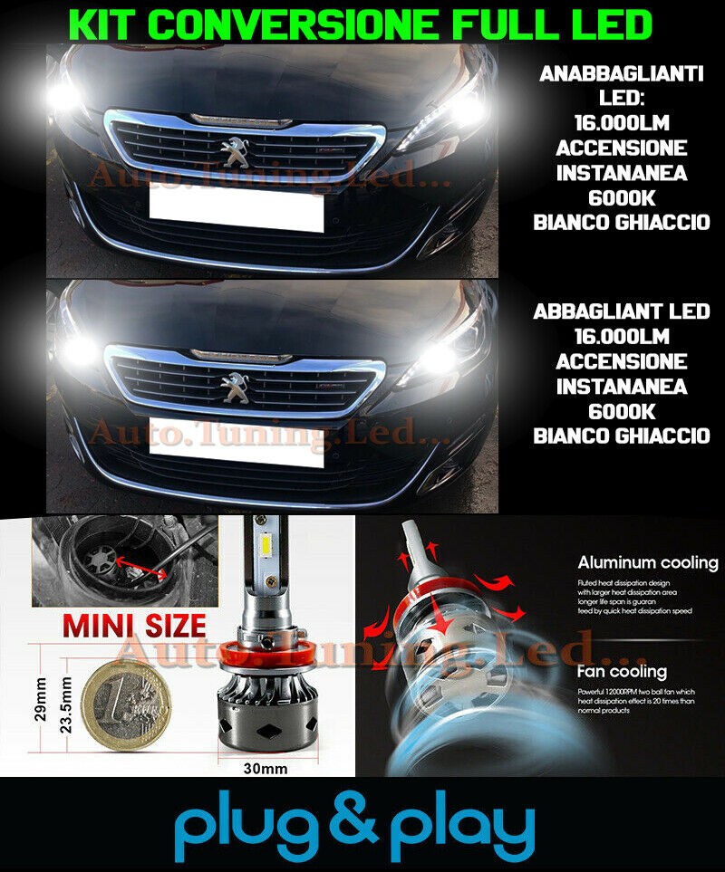 LAMPADE ANABBAGLIANTI + ABBAGLIANTI LED 16.000LM PEUGEOT 308 MK2