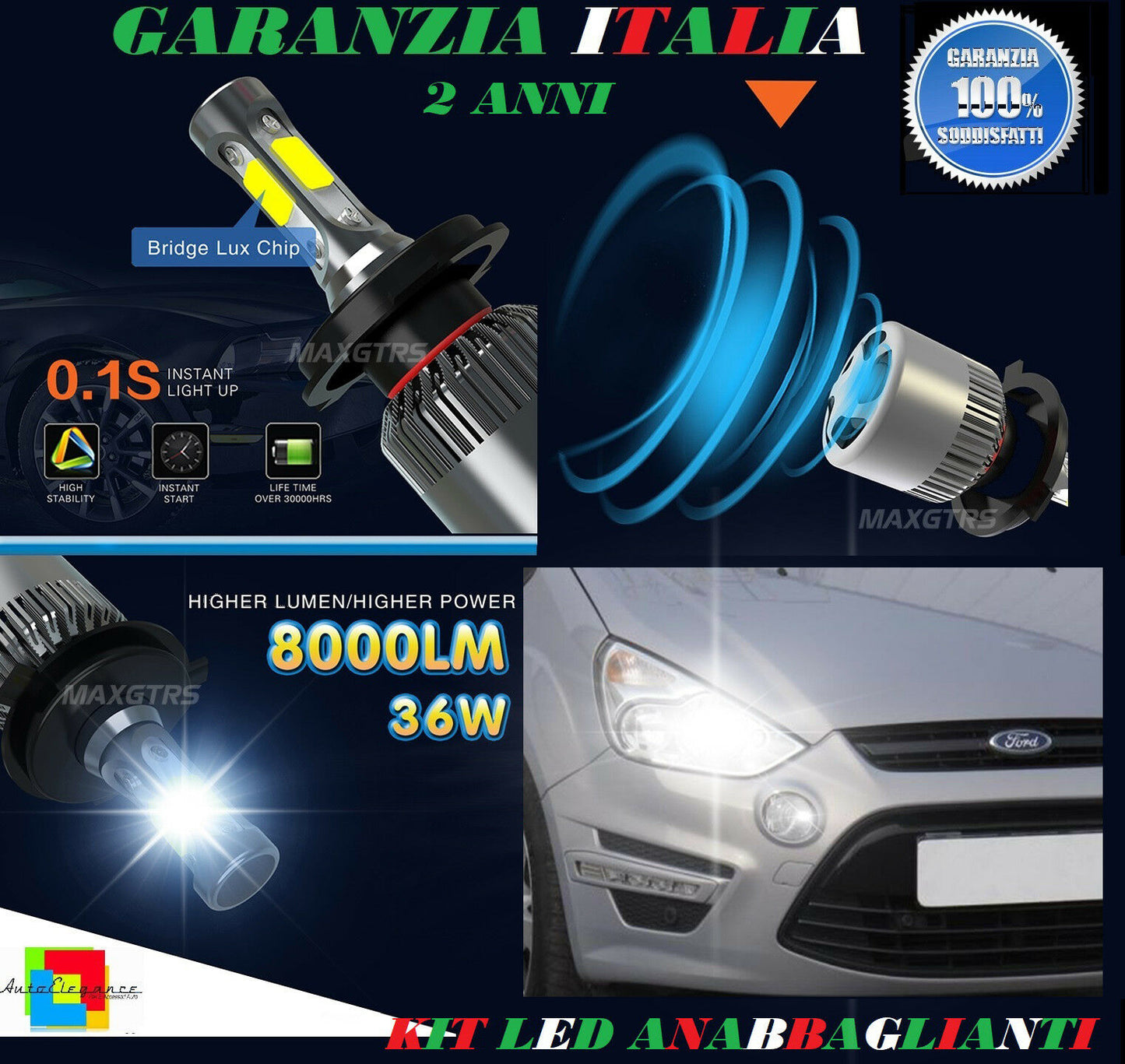 LAMPADE ANABBAGLIANTI 36W LED FORD S-MAX 2006-2014 ISTANTANEO 6000K