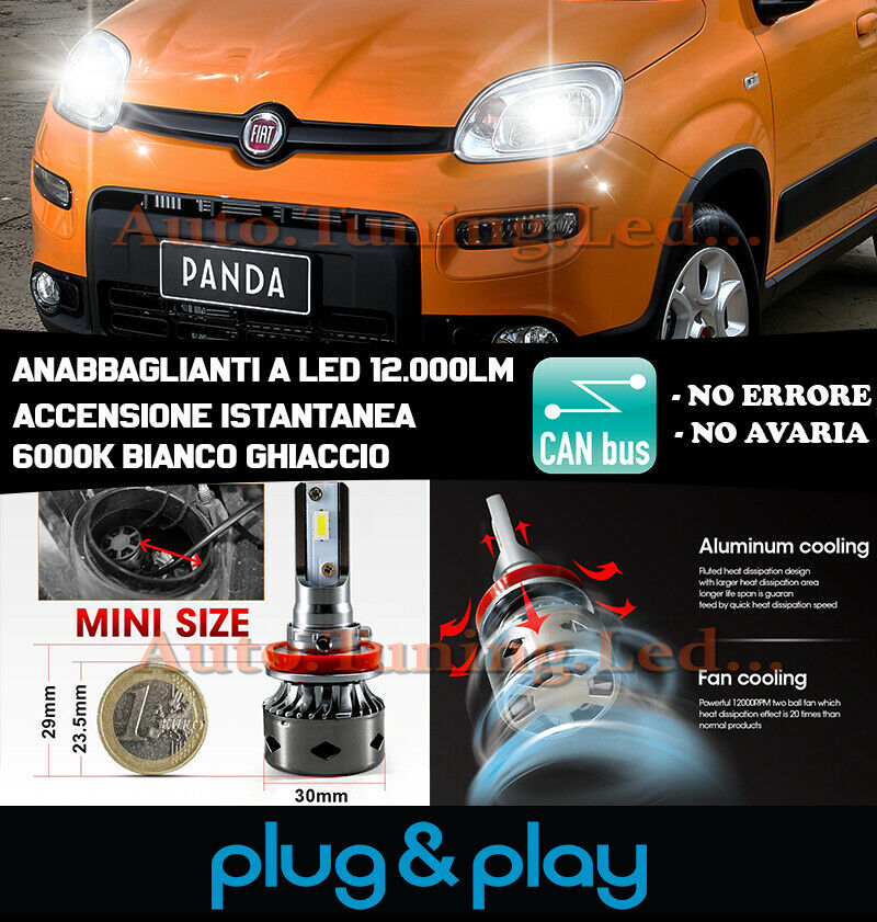 LAMPADE ANABBAGLIANTI LED FIAT PANDA 319 ISTANTANEO NO AVARIA 12.000LM
