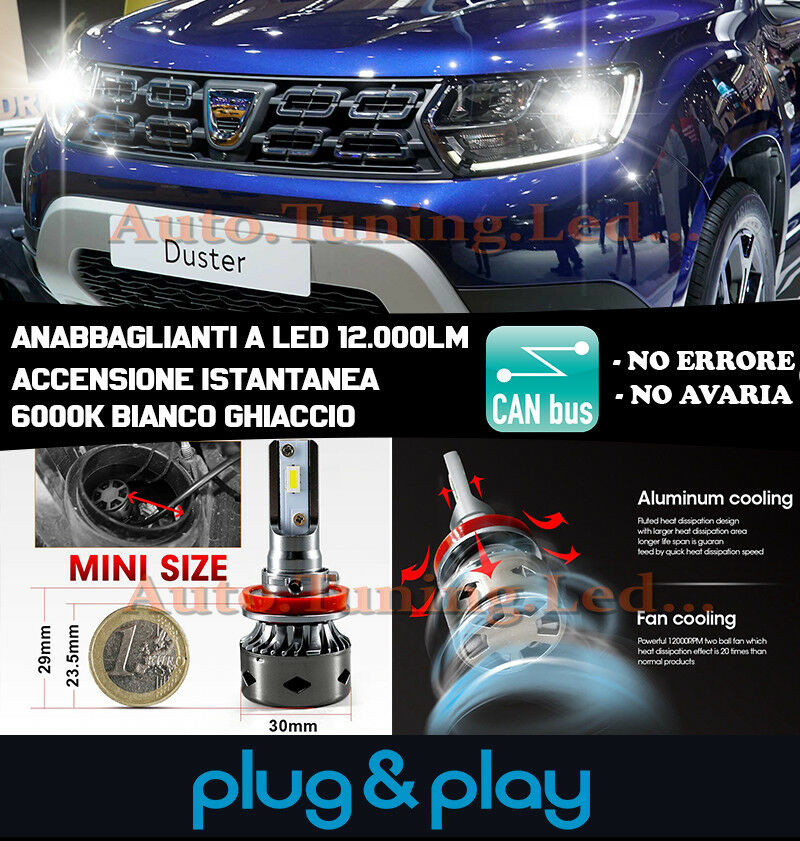 LAMPADE ANABBAGLIANTI LED DACIA DUSTER MK2 2017+ ISTANTANEO NO AVARIA 12.000LM
