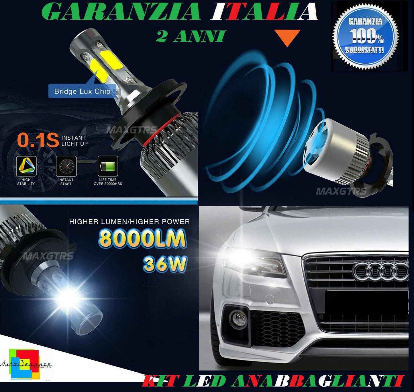LAMPADE ANABBAGLIANTI 36W LED AUDI A4 B8 8K 2007-2014 LAMPEGGIO ISTANTANEO 6000K