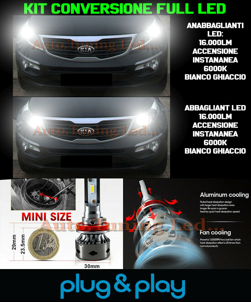 LOW BEAM + HIGH BEAM LED 16.000LM LAMPS FOR KIA SPORTAGE SL NO FAILURE