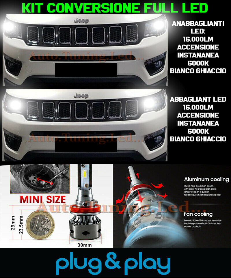 LAMPADE ANABBAGLIANTI + ABBAGLIANTI LED 16.000LM PER JEEP COMPASS II