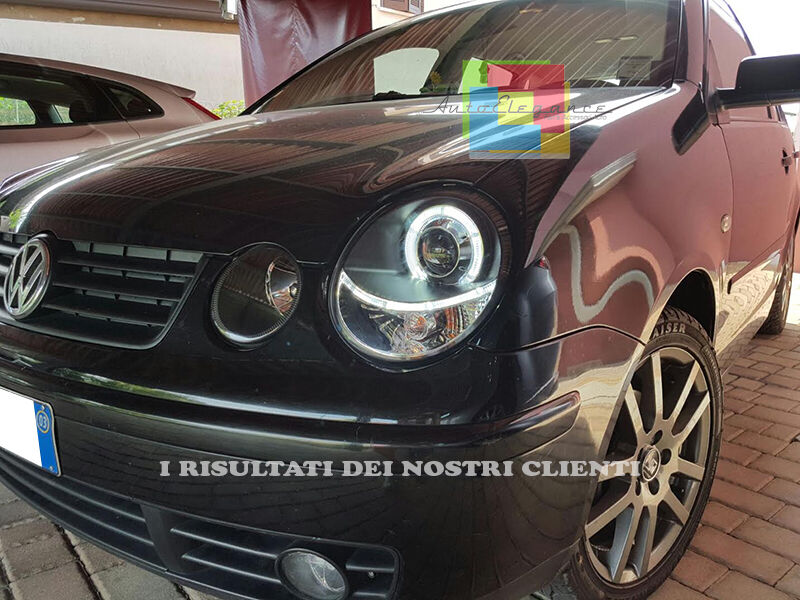 VW POLO 9N 01-05 FARI ANTERIORI ANGEL EYES + KIT LED ANABBAGLIANTE MONTATO